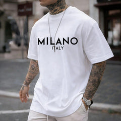 Unisex Men's Letter Print Drop Shoulder Short Sleeve Tee, Regular Fit Casual Round Neck Stretch T-Shirt For Summer, Menswear Top For Daily Wear