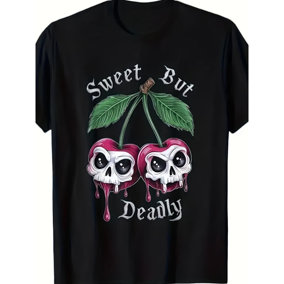 Sweet But Deadly Gothic Cherry Skull Graphic Tee for Men Women, Dark Cute Halloween Short Sleeve T-Shirt, Casual Crew Neck Top for Alternative Gift