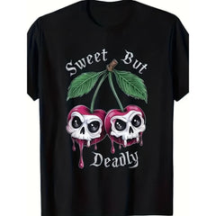 Sweet But Deadly Gothic Cherry Skull Graphic Tee for Men Women, Dark Cute Halloween Short Sleeve T-Shirt, Casual Crew Neck Top for Alternative Gift
