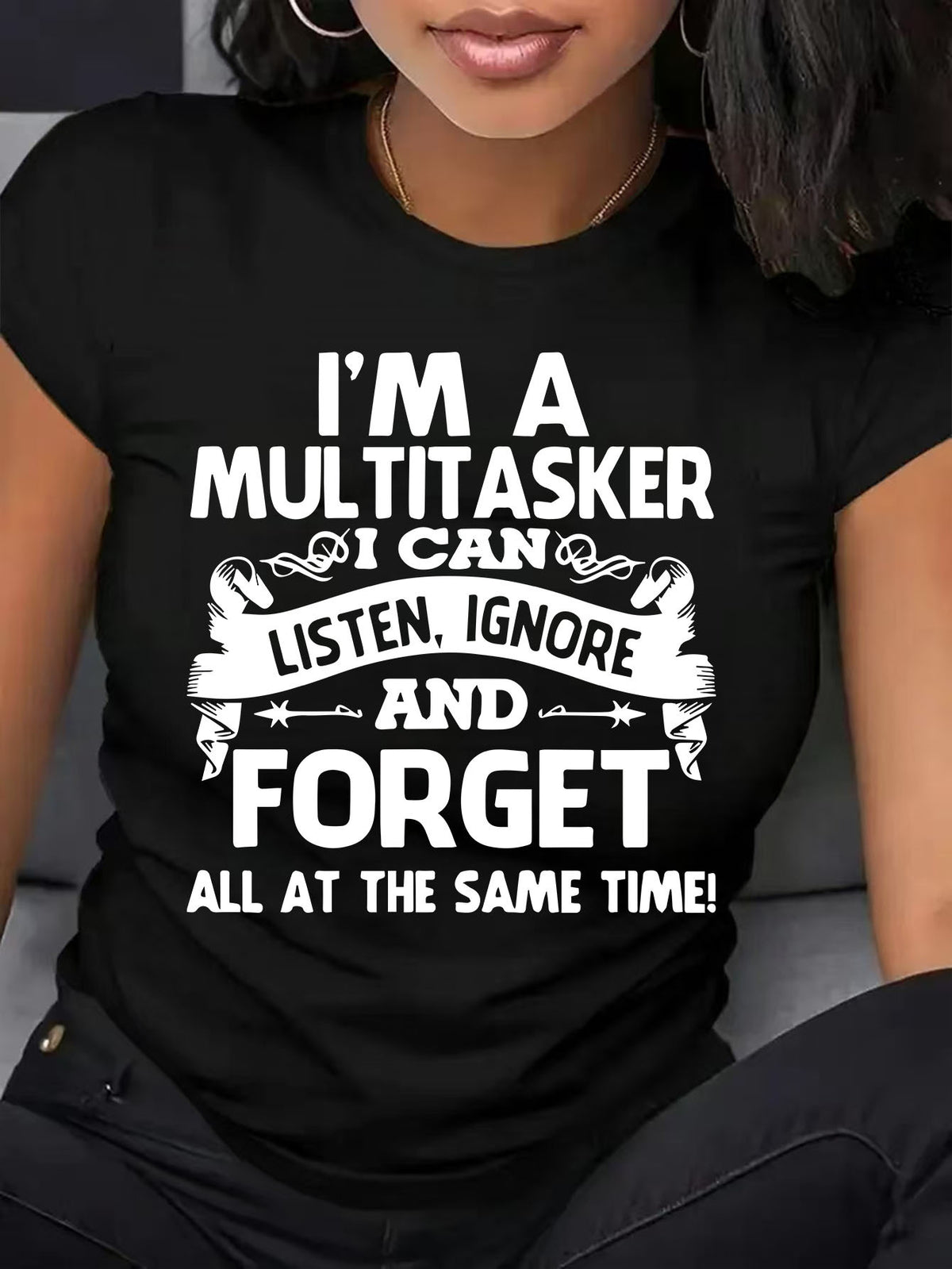 Women's Funny Multitasker Graphic T-Shirt, Humorous Quote Print Crew Neck Short Sleeve Casual Tee, Soft Everyday Summer Top