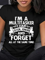 Women's Funny Multitasker Graphic T-Shirt, Humorous Quote Print Crew Neck Short Sleeve Casual Tee, Soft Everyday Summer Top