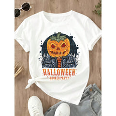 Women Casual Graphic Tee Halloween Rocker Party Pumpkin Skull Print Short Sleeve Top Autumn Festival Gift For Girls Friends