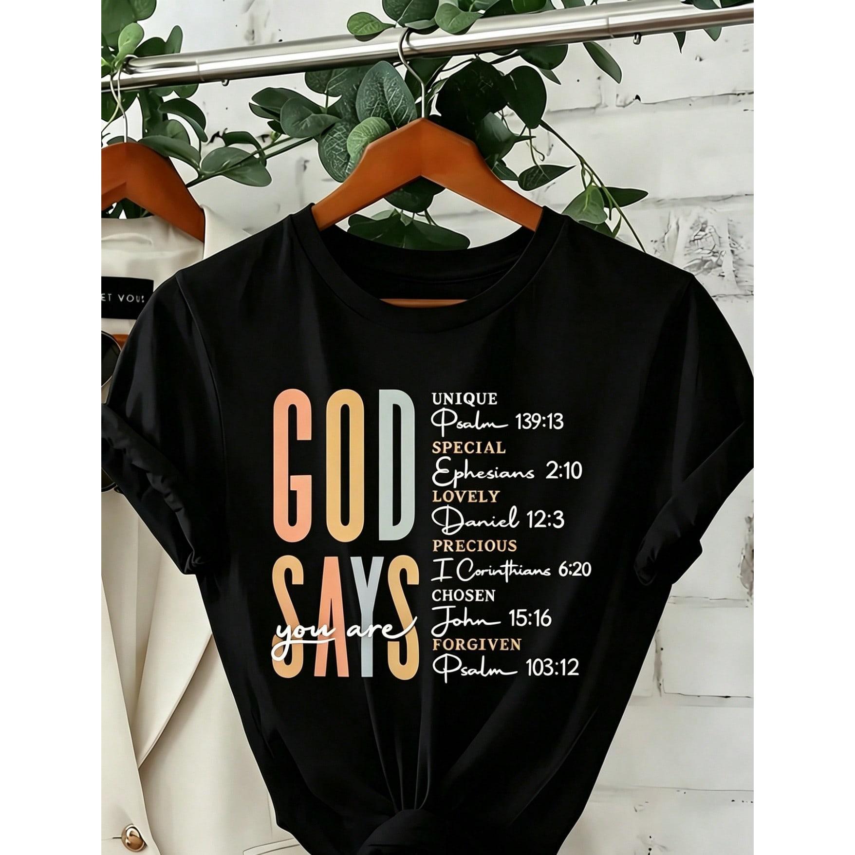 Women' God Says Bible Verse Print Black TShirt Crew Neck Casual Cotton Tee Medium Stretch Knit Fabric Regular Fit For Female Ladies