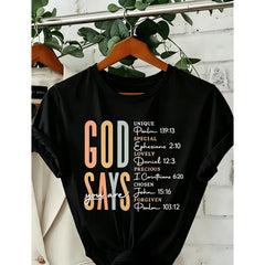 Women' God Says Bible Verse Print Black TShirt Crew Neck Casual Cotton Tee Medium Stretch Knit Fabric Regular Fit For Female Ladies