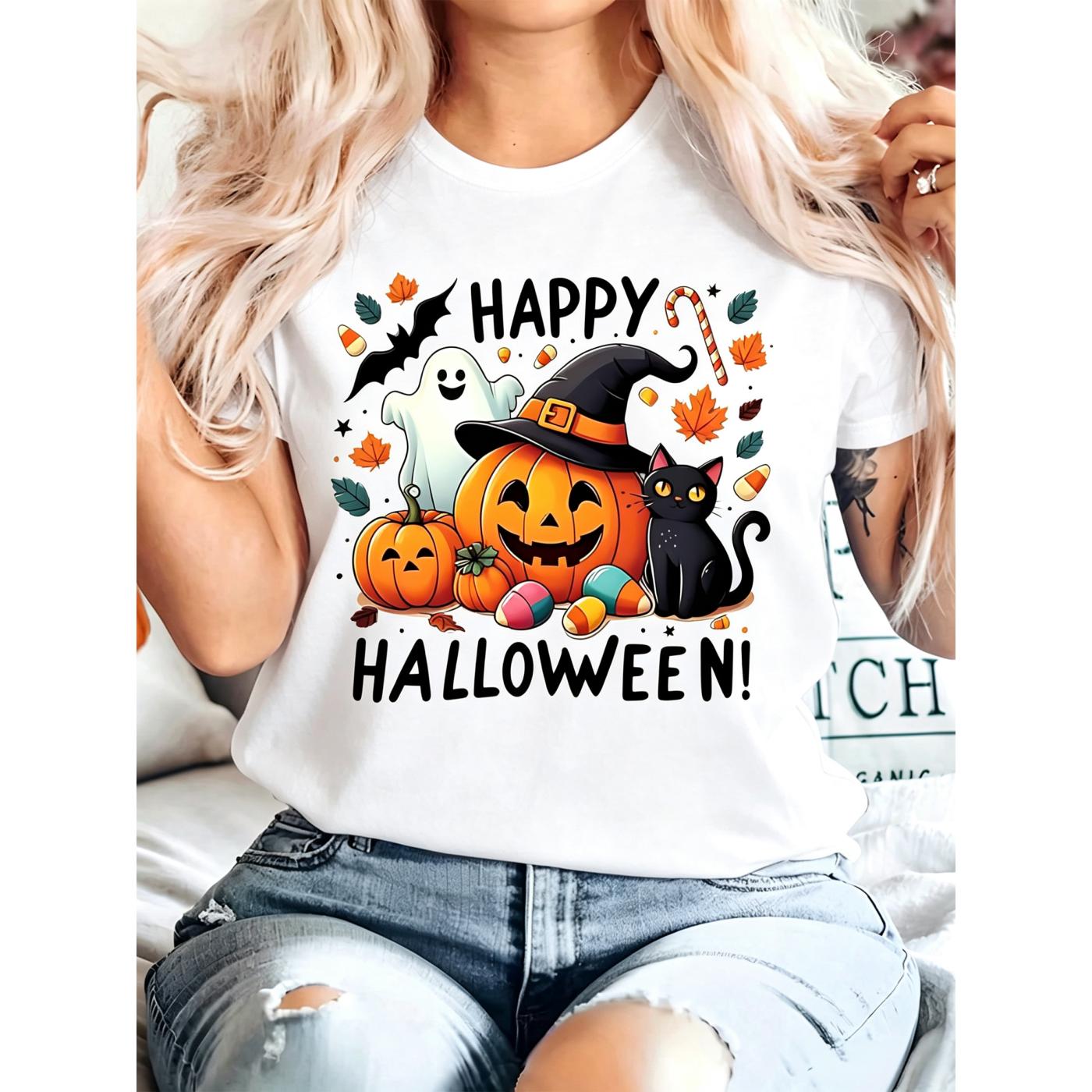 Plus Size, Women's Plus Size Halloween Witch & Pumpkin Print T-Shirt - Oversized Short Sleeve Round Neck Casual Top With Happy Halloween Bats, Witches