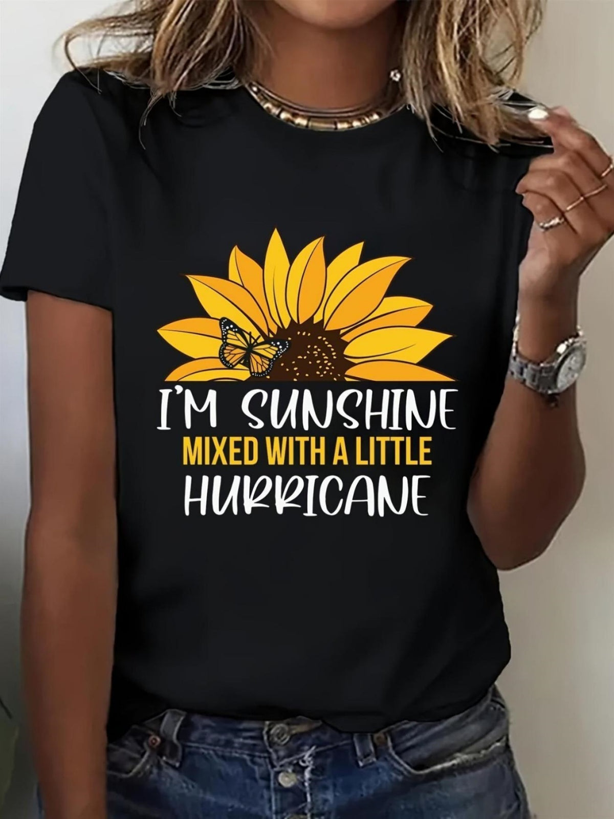I‘m Sunshine Mixed With A Little Hurricane Graphic Tee for Women, Sassy Southern Girl Short Sleeve T-Shirt, Casual Crew Neck Top for Her Birthday Gift