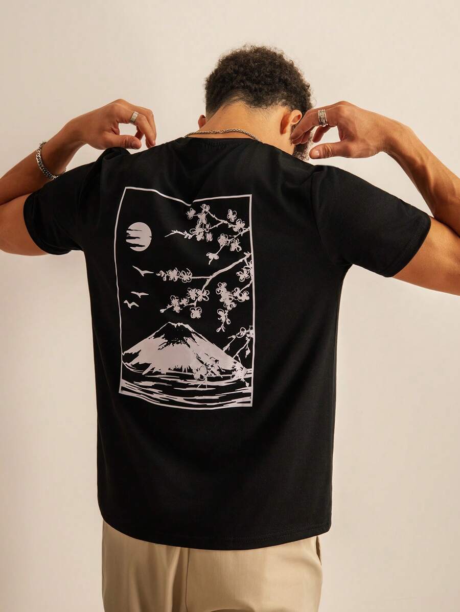 SWAVVY Men Mountain Graphic Print Short Sleeve Tee, Casual Boxy Tee, Boyfriend Gift, Summer, Emo