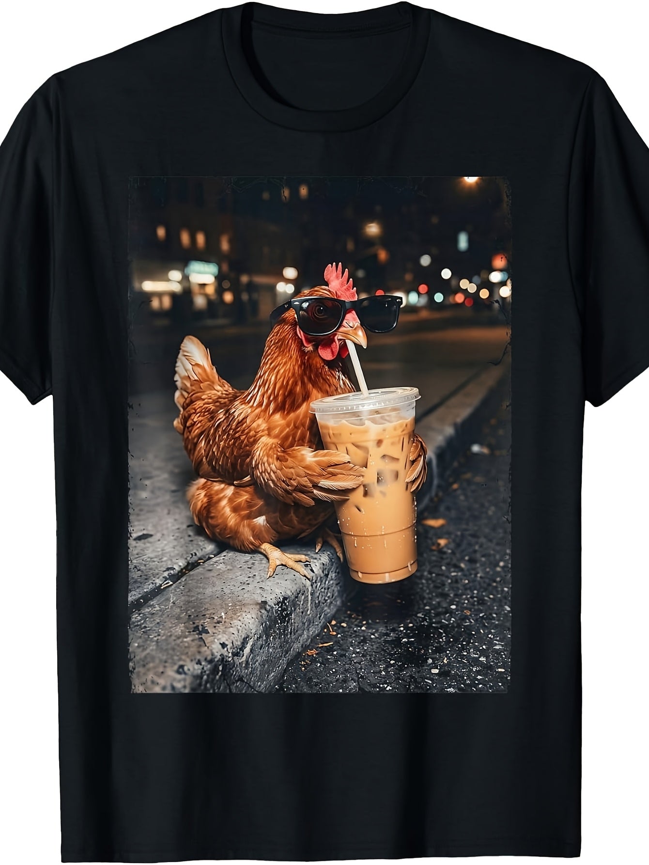 Cool Chicken Hen Drinking Iced Coffee City Night Graphic T-Shirt, Unisex Cotton Crew Neck Short Sleeve Tee, Funny Farm Animal Casual Novelty Shirt, Gift For Coffee And Chicken Lovers