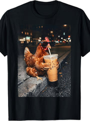 Cool Chicken Hen Drinking Iced Coffee City Night Graphic T-Shirt, Unisex Cotton Crew Neck Short Sleeve Tee, Funny Farm Animal Casual Novelty Shirt, Gift For Coffee And Chicken Lovers