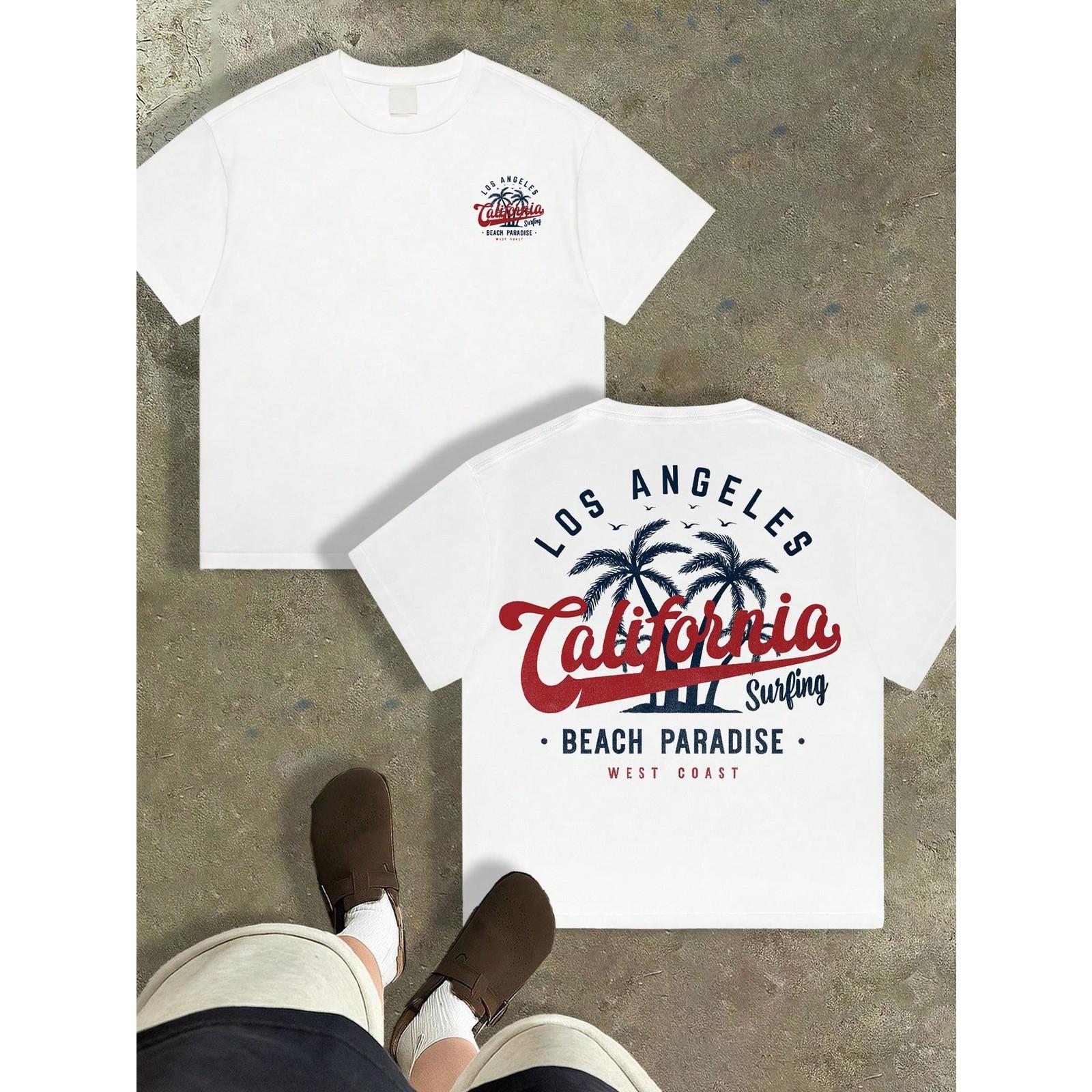Men Los Angeles California Surfing Graphic T‑Shirt, Front Back Print West Coast Beach Paradise Casual Crew Neck Short Sleeve Tee For Summer Daily