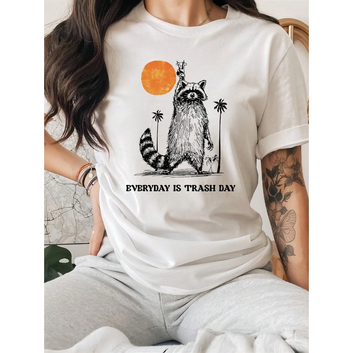 Raccoon Print T-ShirtRaccoon Letter Print Casual T-Shirt Round Neck Short Sleeve TShirt Women's Top