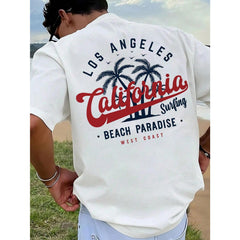 Men Los Angeles California Surfing Graphic T‑Shirt, Front Back Print West Coast Beach Paradise Casual Crew Neck Short Sleeve Tee For Summer Daily