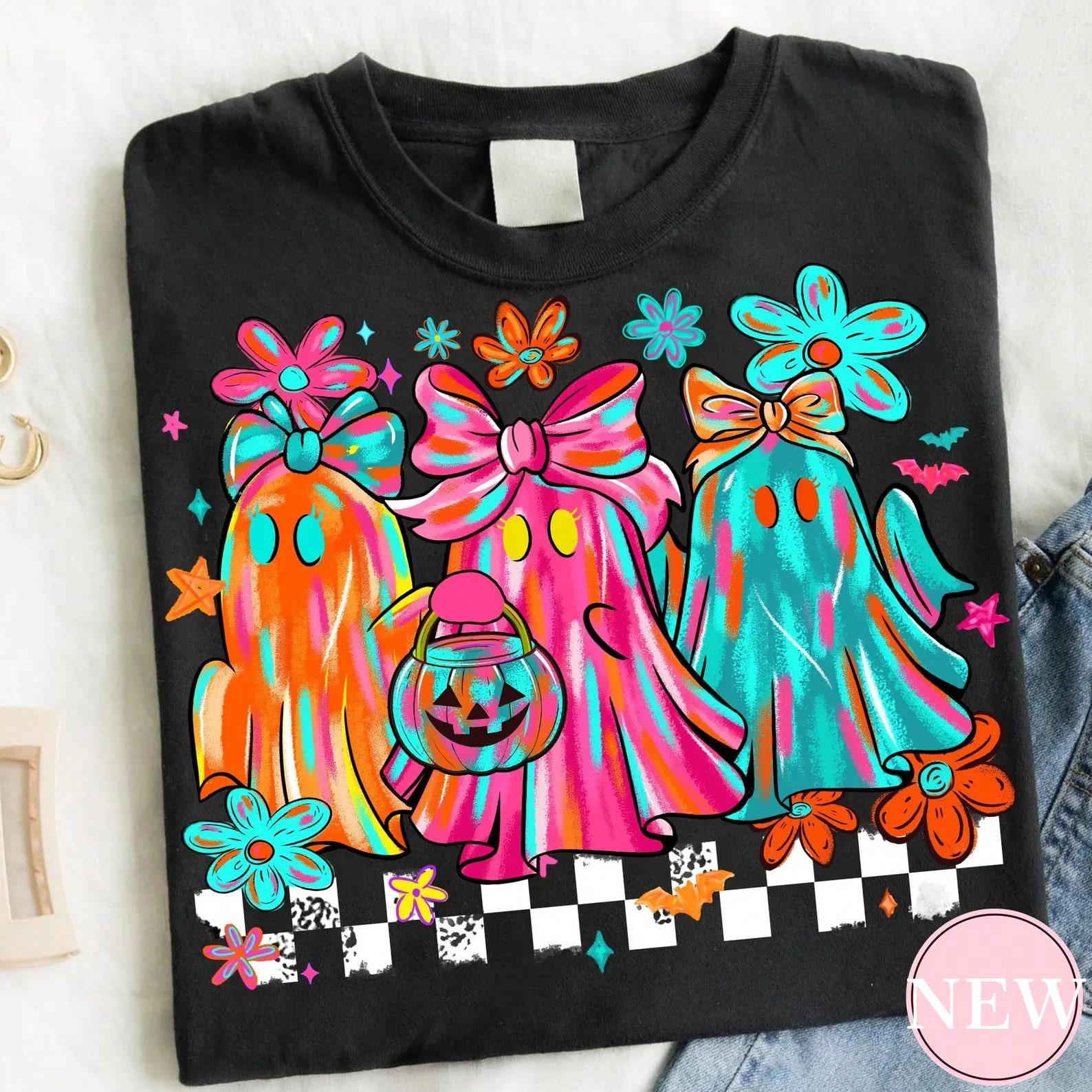 Bright Neon Ghost Bow Graphic Tee Checkerboard Halloween Pumpkin Bucket Print Preppy Top
