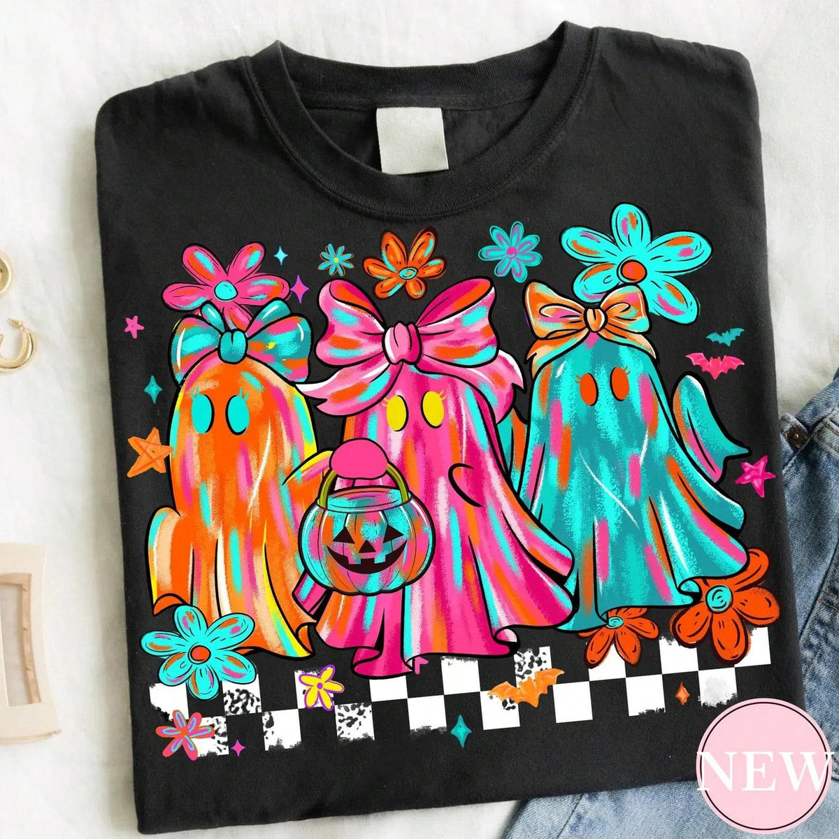 Bright Neon Ghost Bow Graphic Tee Checkerboard Halloween Pumpkin Bucket Print Preppy Top