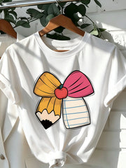 Playful Teacher Gift, Apple Bow T-Shirt, Casual Round Neck Short Sleeve cotton Top, Fabric, Fashionable Women's Clothing