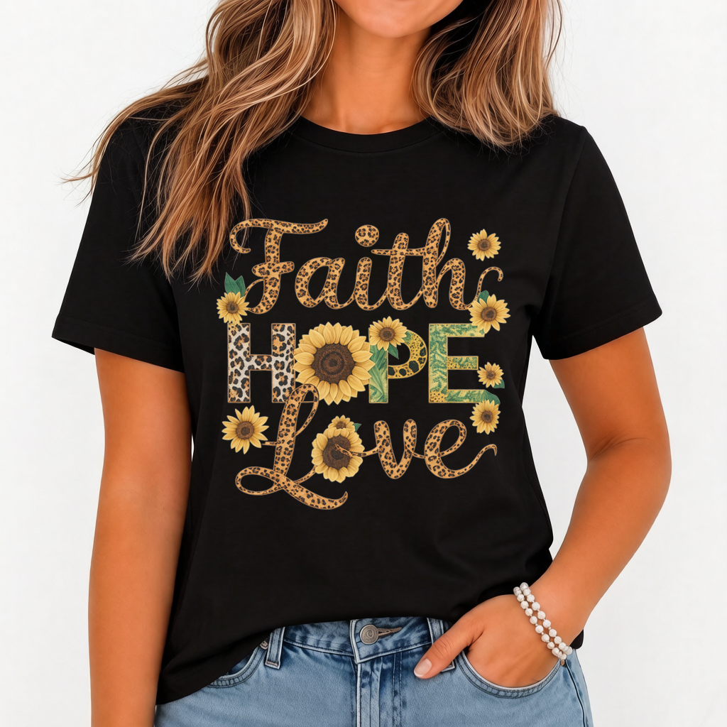 Women's Faith Hope Love Sunflower Graphic T-Shirt Christian Casual Tee