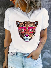 Women Leopard Face Graphic T‑Shirt, Cute Heart Sunglasses Leopard Print Short Sleeve Crew Neck Casual Tee Top