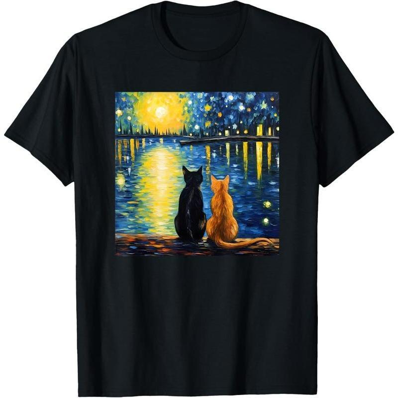 Two Cats Starry Night Cat art painting T-Shirt