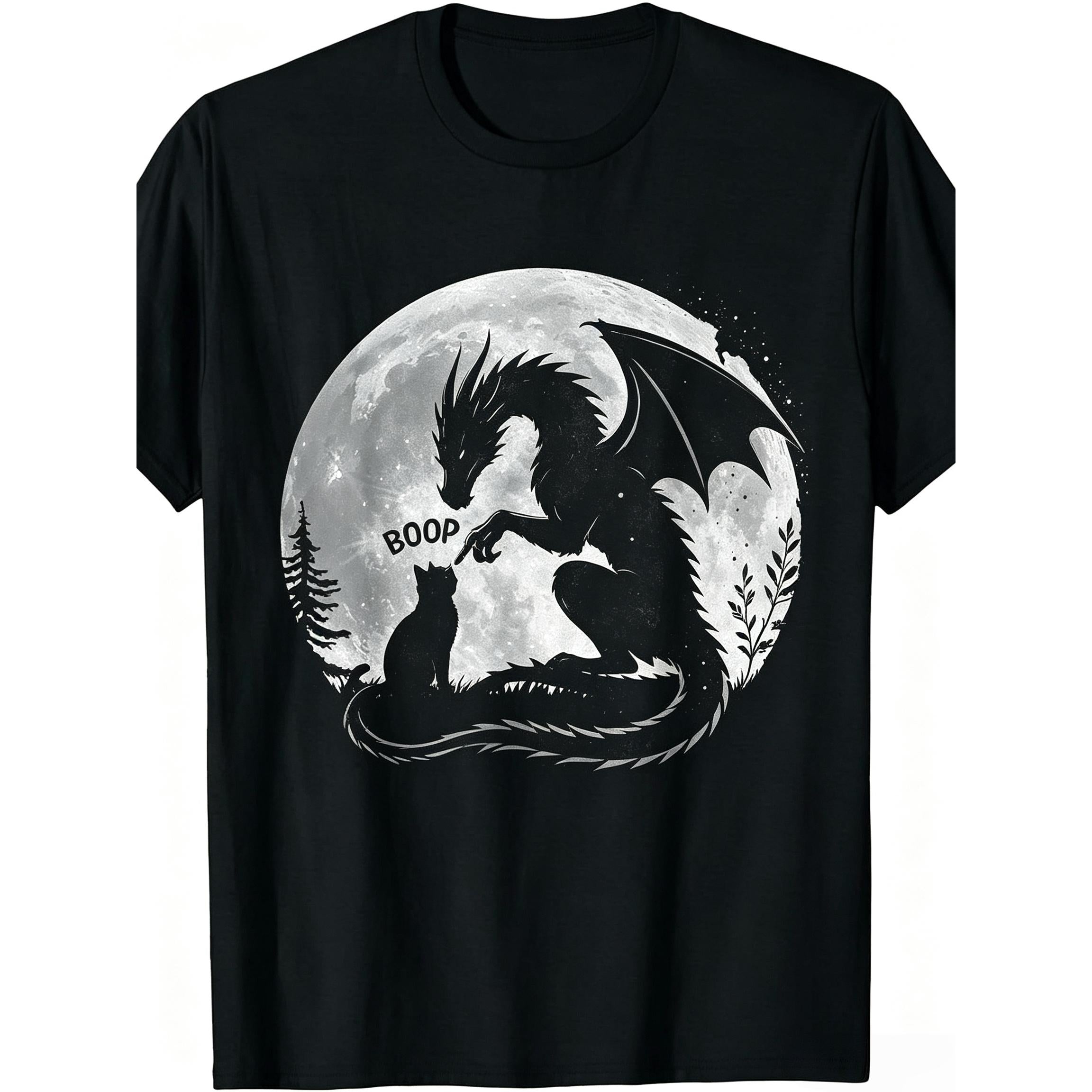 Dragon Boop Cat Under Full Moon Funny Cute Fantasy Night Funny Crew Neck Tee with Stylish Print Casual