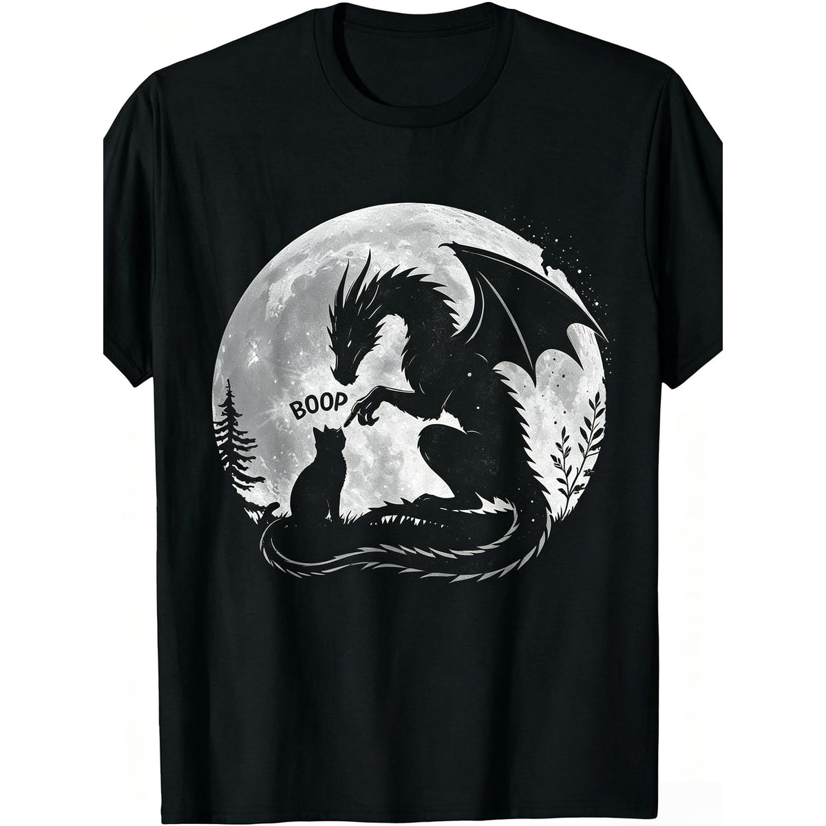 Dragon Boop Cat Under Full Moon Funny Cute Fantasy Night Funny Crew Neck Tee with Stylish Print Casual