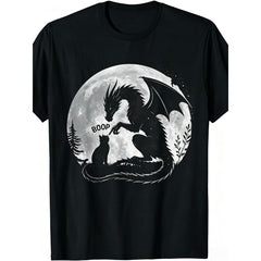 Dragon Boop Cat Under Full Moon Funny Cute Fantasy Night Funny Crew Neck Tee with Stylish Print Casual