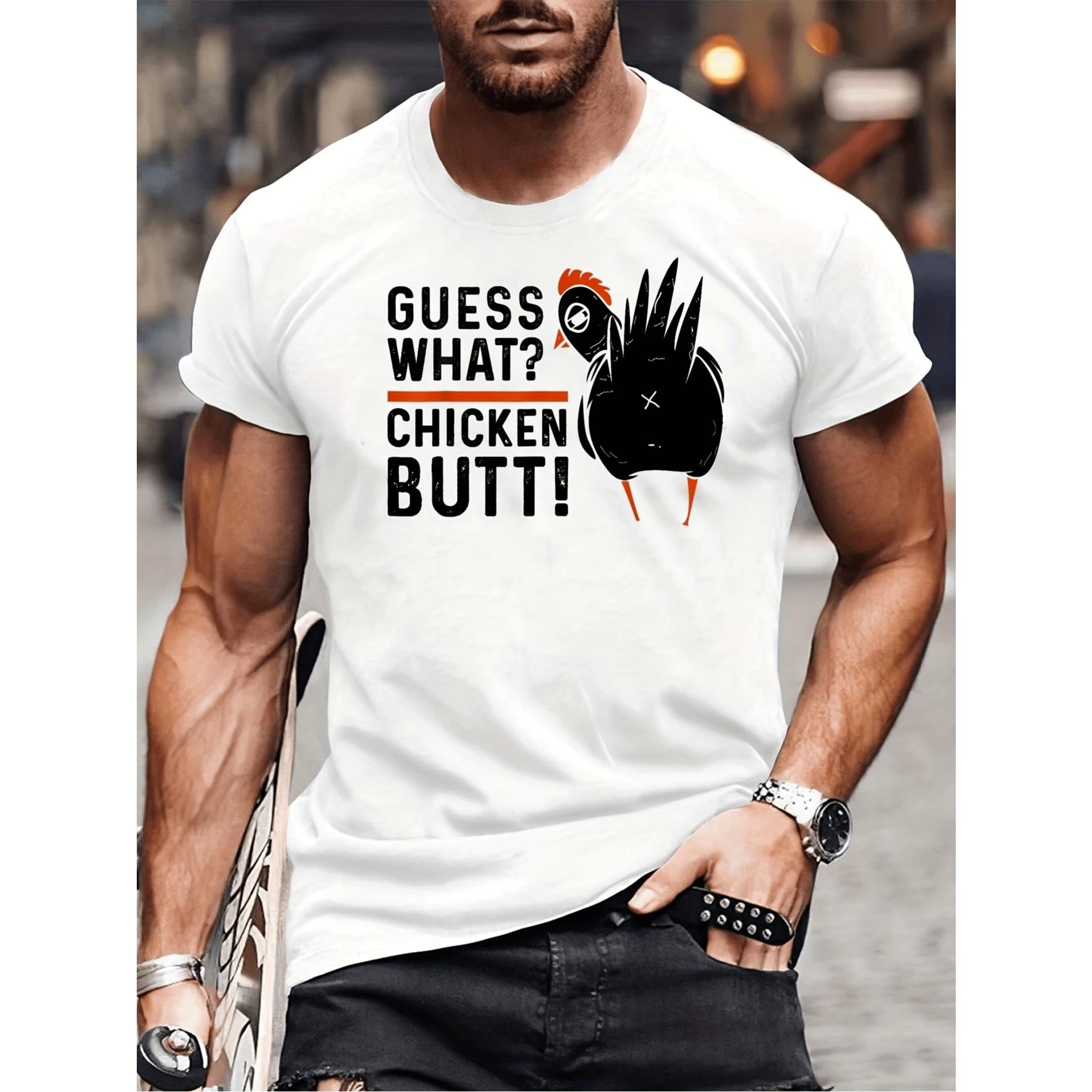 Men's "What Chicken Butt" Graphic T-Shirt, Funny Rooster Natural Cotton Shortsleeve Tops, Casual Summer Tee Gift, Sports