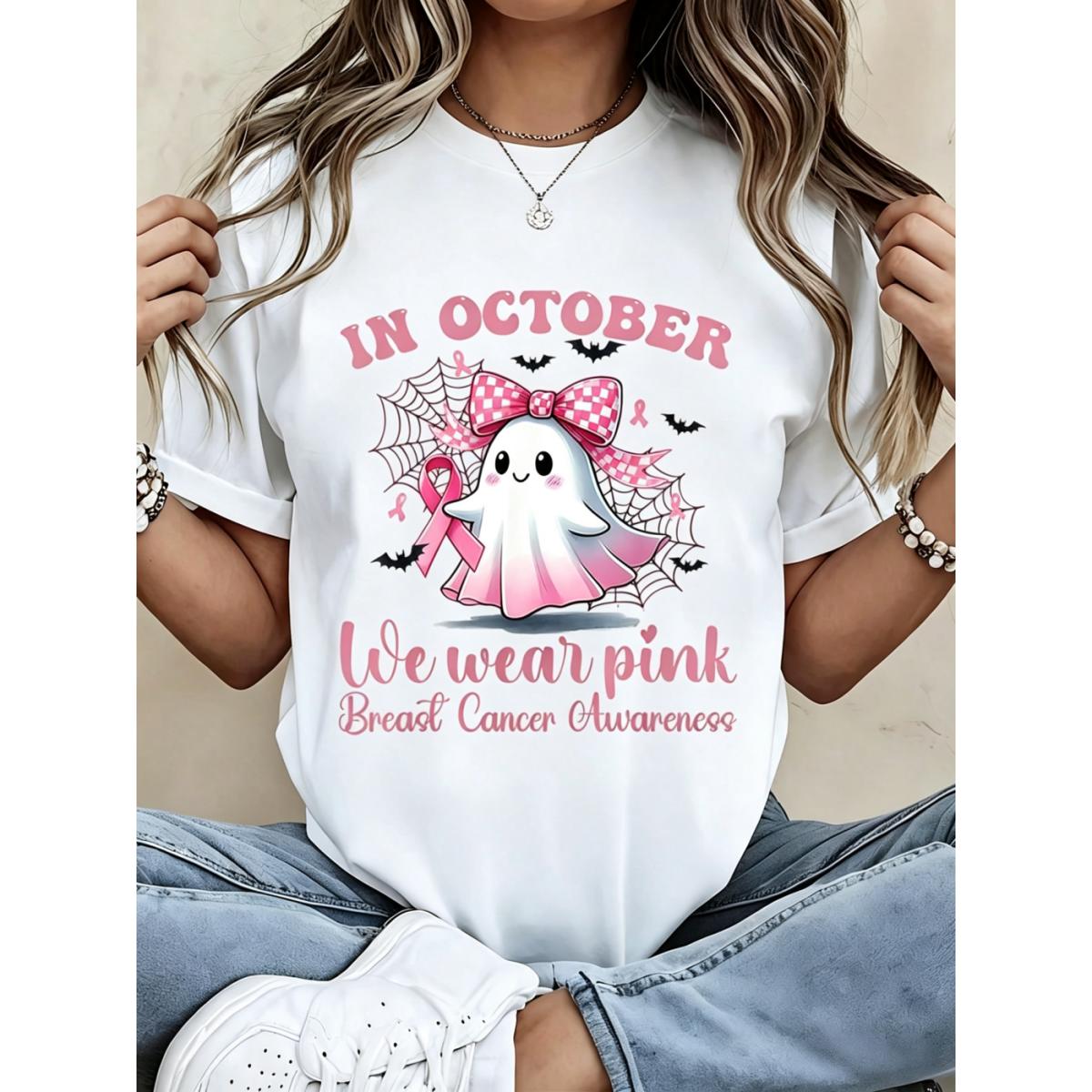 Women's White T-Shirt Cute Pink Ghost Spider Web In October We Wear Pink Breast Cancer Awareness Graphic Tee Casual Halloween Outfit