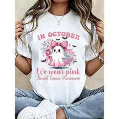 Women's White T-Shirt Cute Pink Ghost Spider Web In October We Wear Pink Breast Cancer Awareness Graphic Tee Casual Halloween Outfit