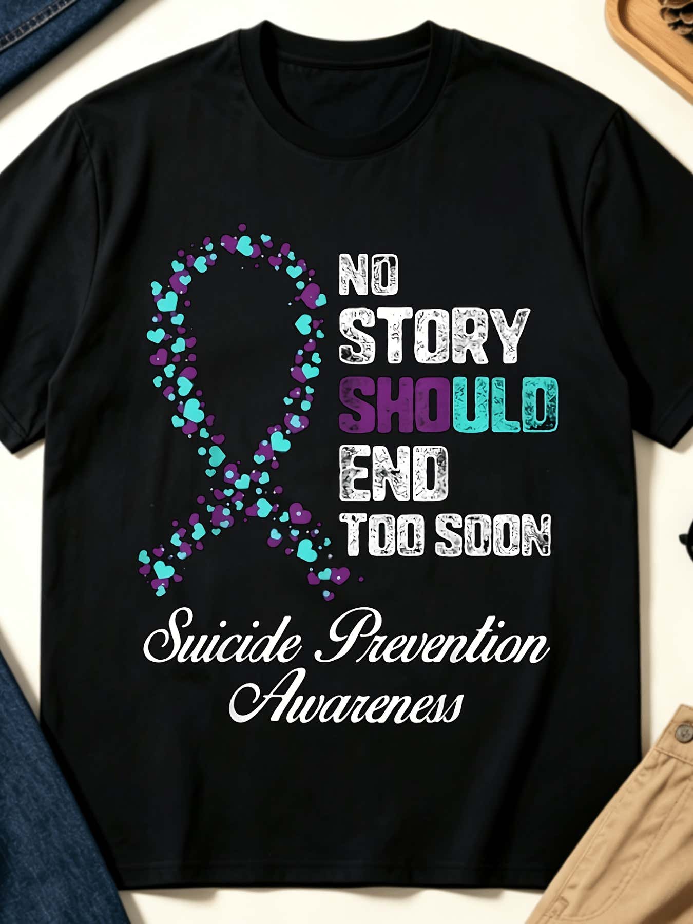No Story Should End Too Soon Suicide Prevention Awareness Graphic Tee for Men Women, Mental Health Advocate Short Sleeve T-Shirt, Casual Crew Neck Top for Hope Support Gift