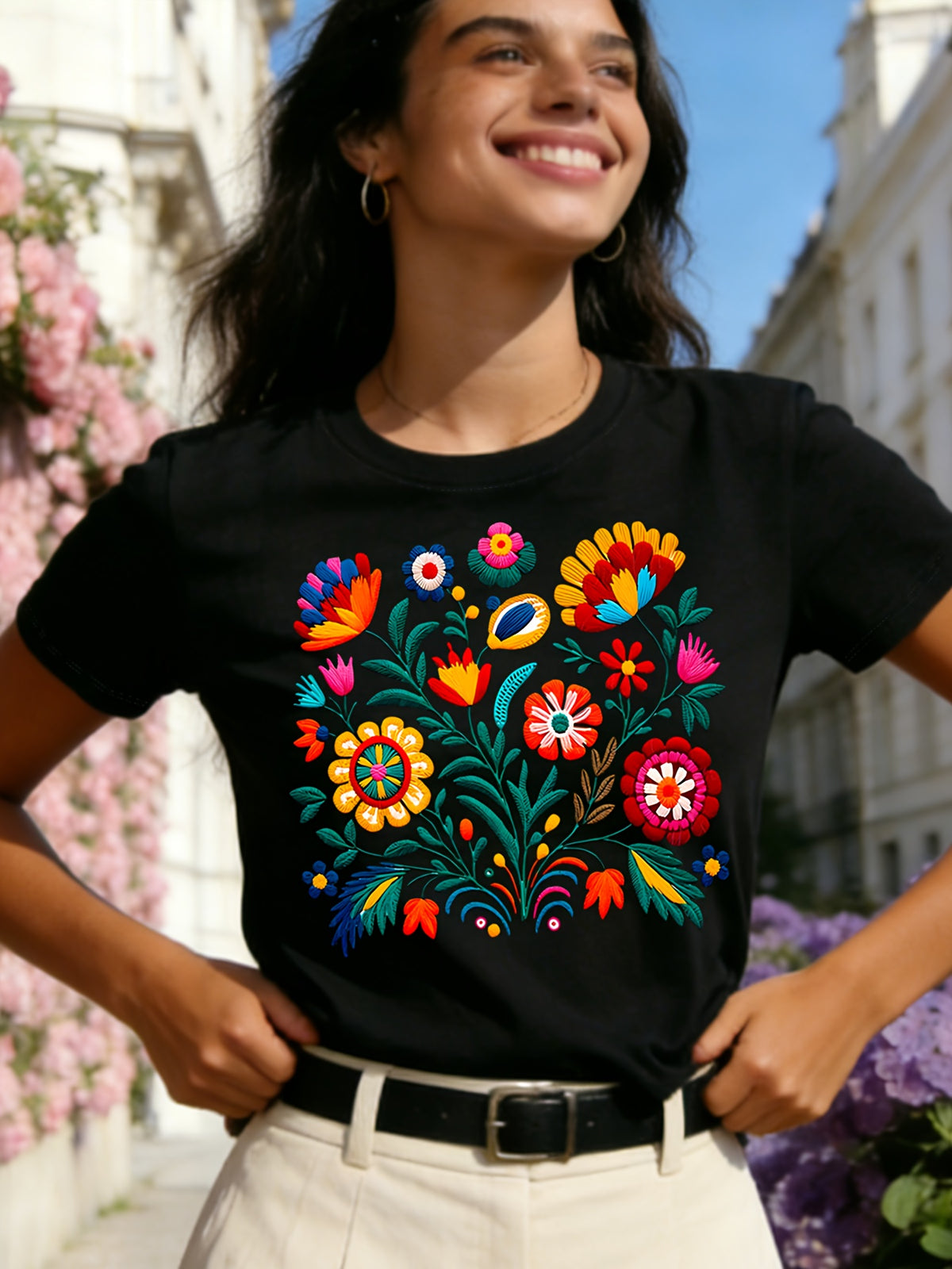 Women's Mexican Folk Art Floral Graphic T‑Shirt, Vibrant Fiesta Flower Embroidery‑Style Print Crew Neck Short Sleeve Casual Summer Tee