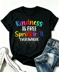 Kindness Is Free Sprinkle It Everywhere Graphic T‑Shirt, Women Inspirational Rainbow Letter Print Crew Neck Short Sleeve Casual Tee