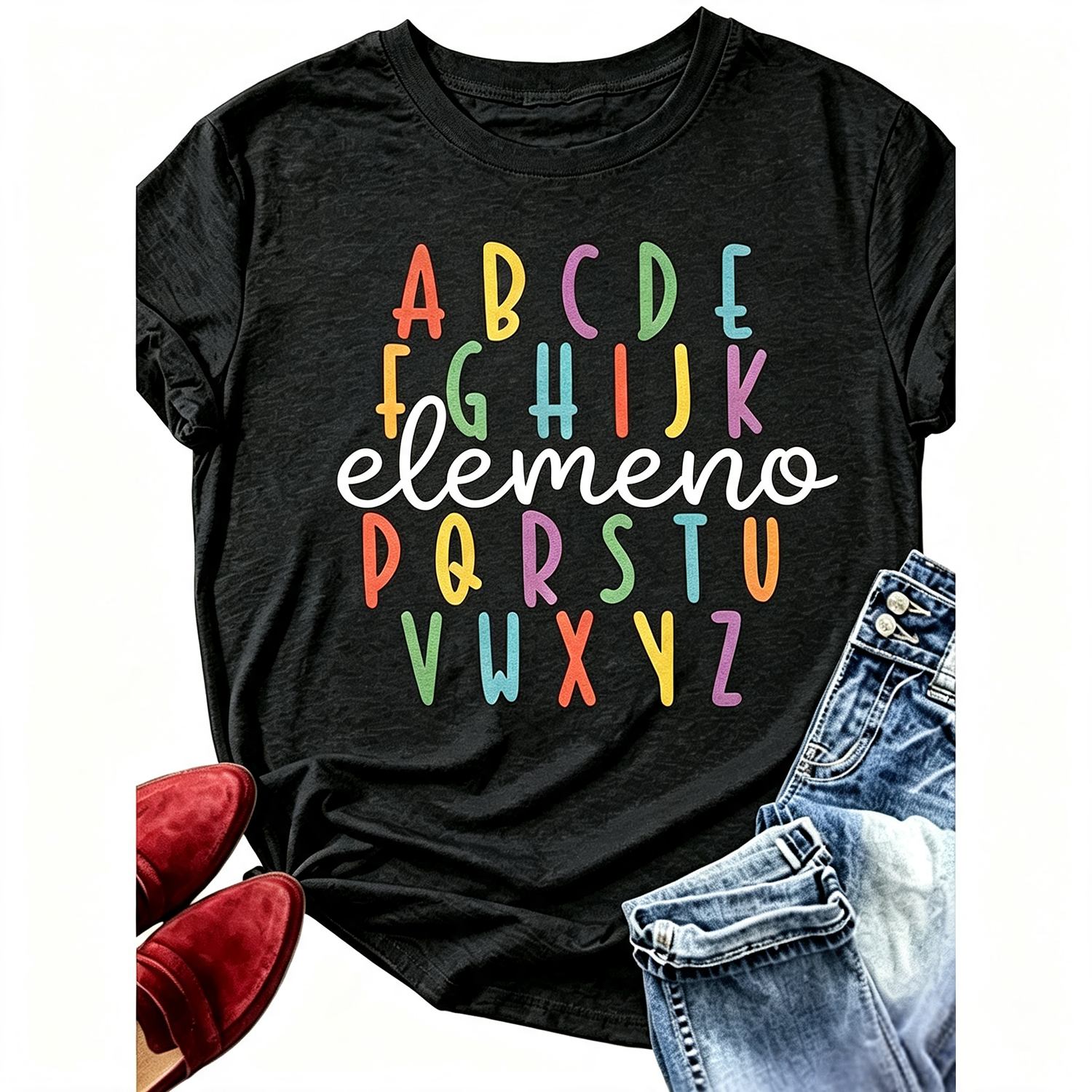Elemeno ABC Alphabet Graphic T‑Shirt for Women, Retro Colorful Teacher Casual Short Sleeve Back To School Tee