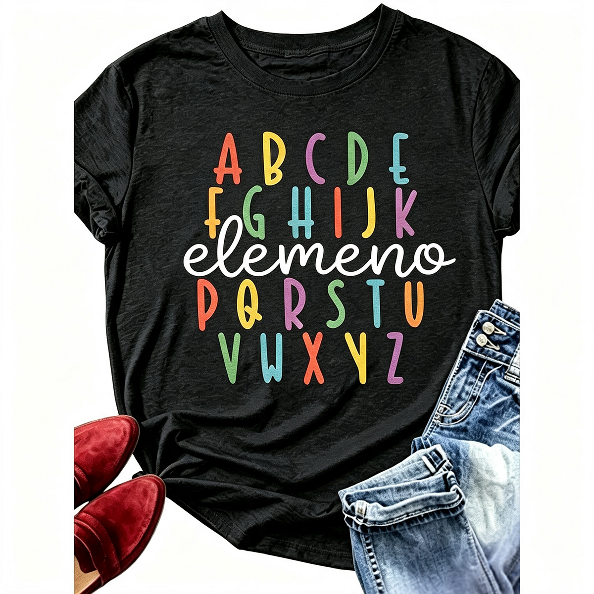 Elemeno ABC Alphabet Graphic T‑Shirt for Women, Retro Colorful Teacher Casual Short Sleeve Back To School Tee