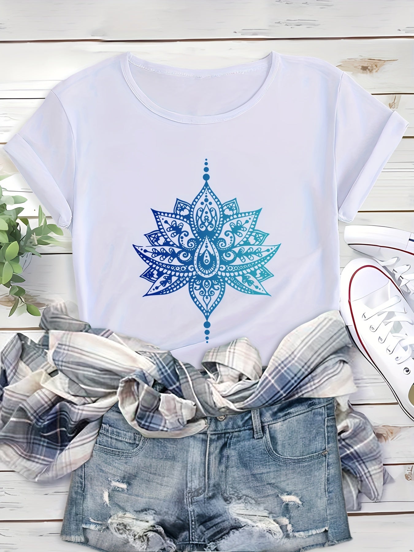 Blue for Lotus Print Top, Casual Shopping Party Comfortable Soft Short Sleeve Fashion T-Shirt