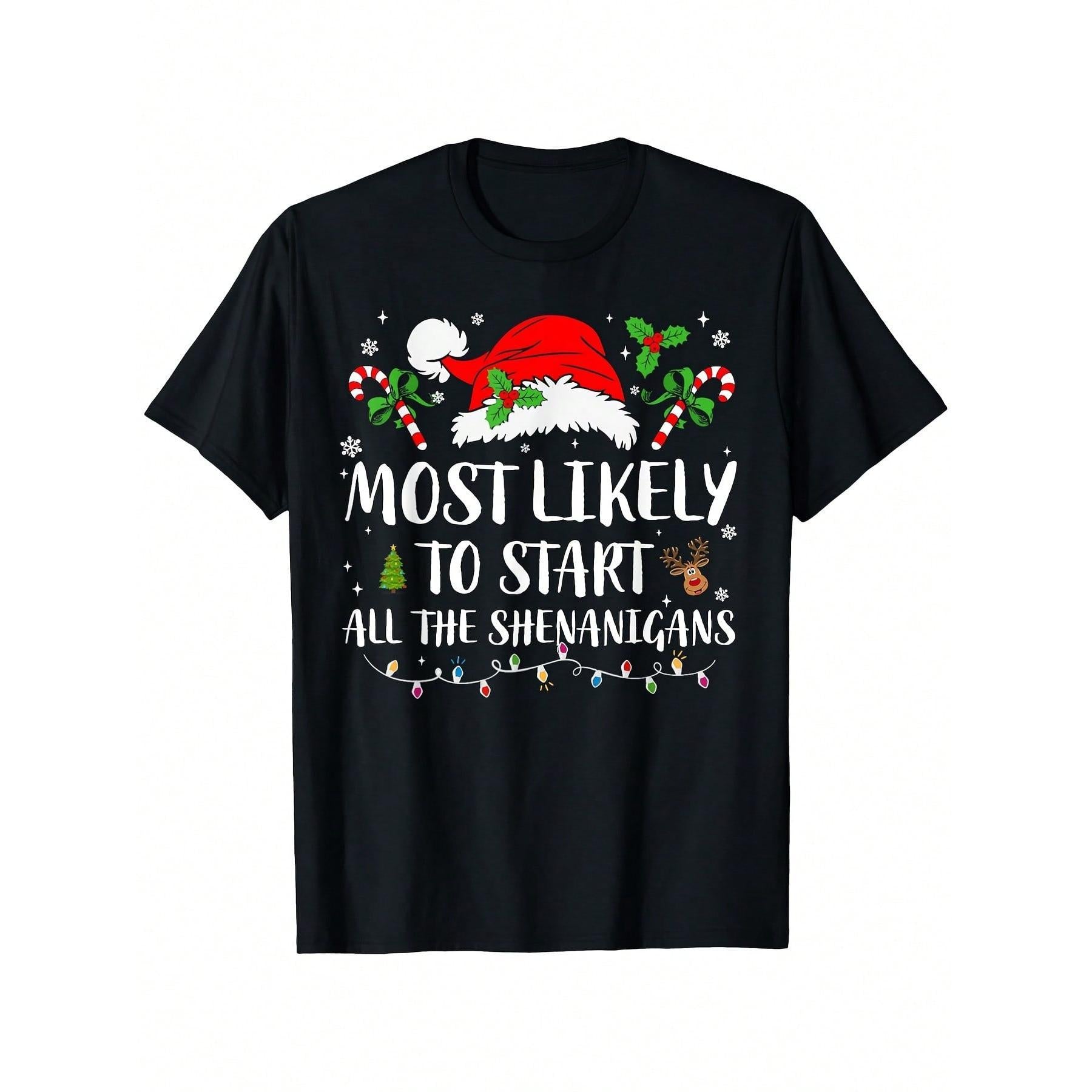 Most Likely To Start All The Shenanigans With Santa Hat Graphic Christmas T-Shirt
