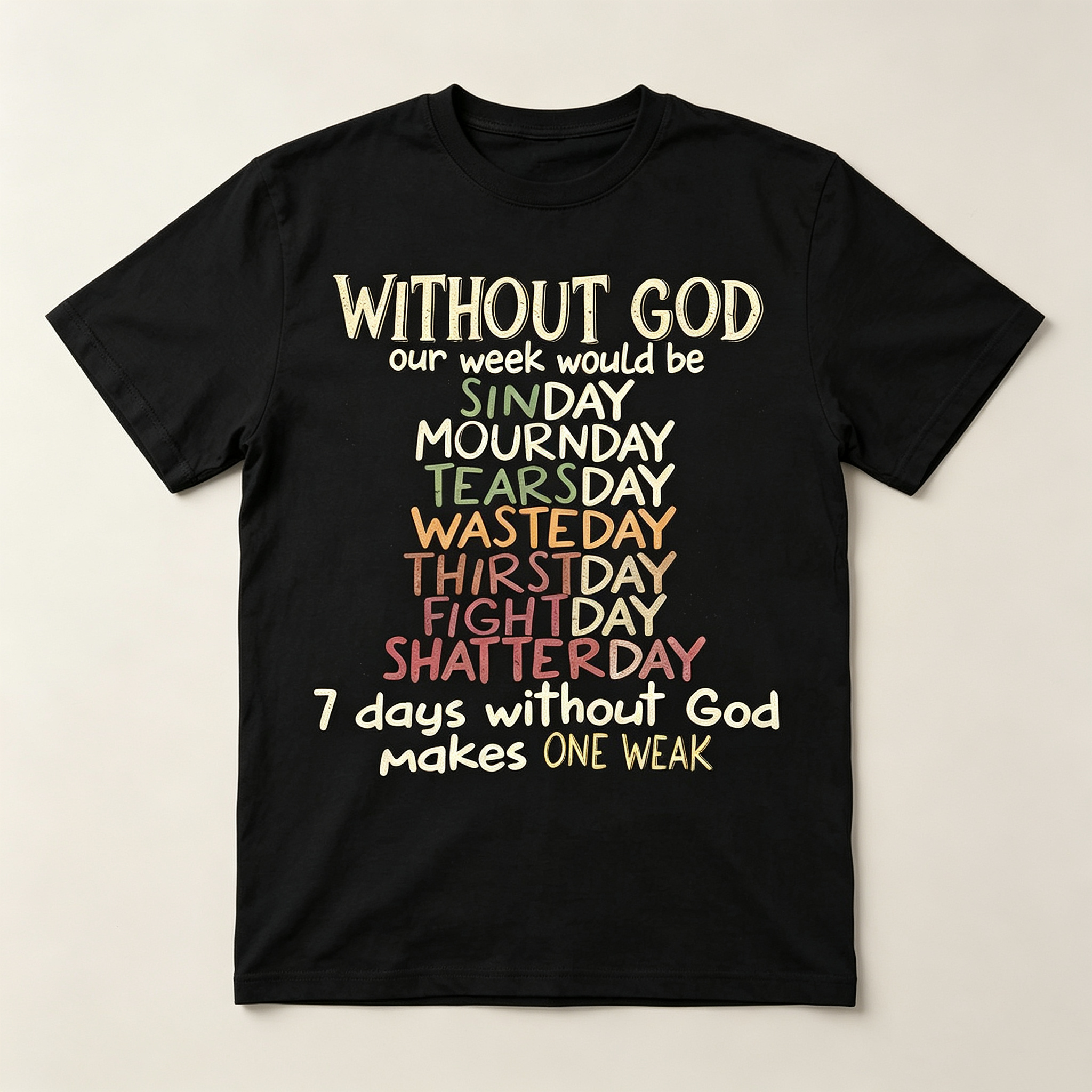 Christian Faith Humor Graphic T‑Shirt for Men Without God Our Week Would Be Funny Letter Print, Crew Neck Short Sleeve Tops