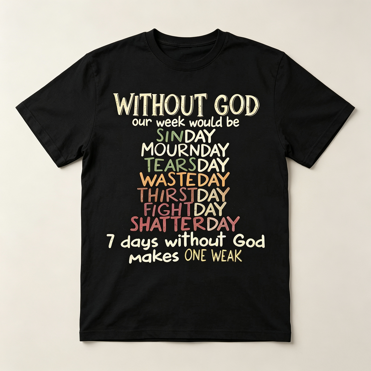 Christian Faith Humor Graphic T‑Shirt for Men Without God Our Week Would Be Funny Letter Print, Crew Neck Short Sleeve Tops
