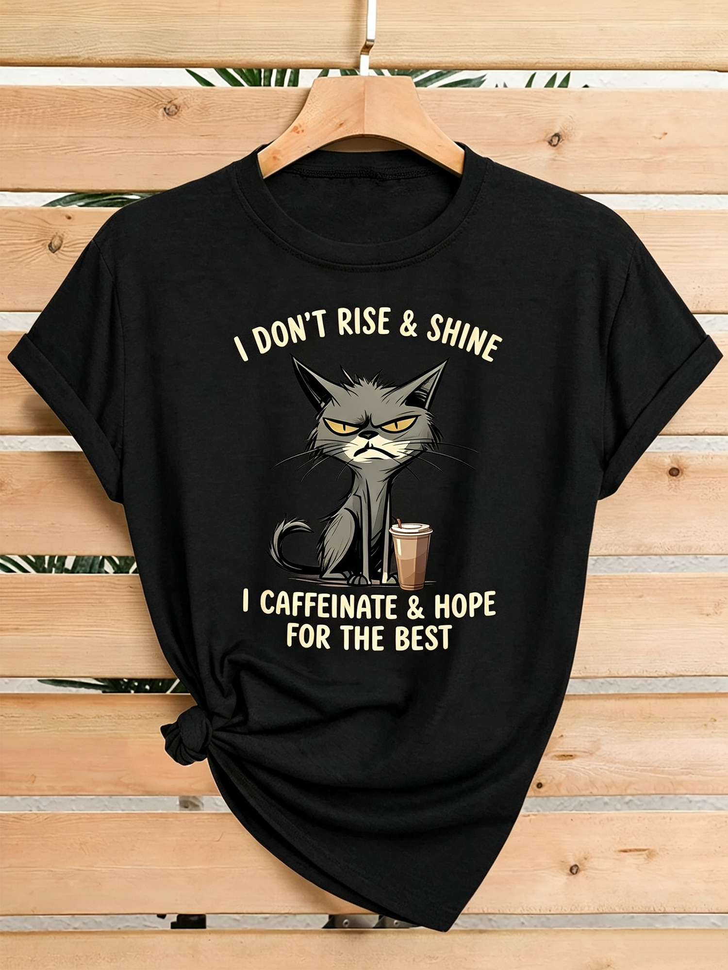 Grumpy Cat Coffee Lover Funny Quote Graphic T‑Shirt for Women, Humor Morning Short Sleeve Crewneck Casual Tee Top