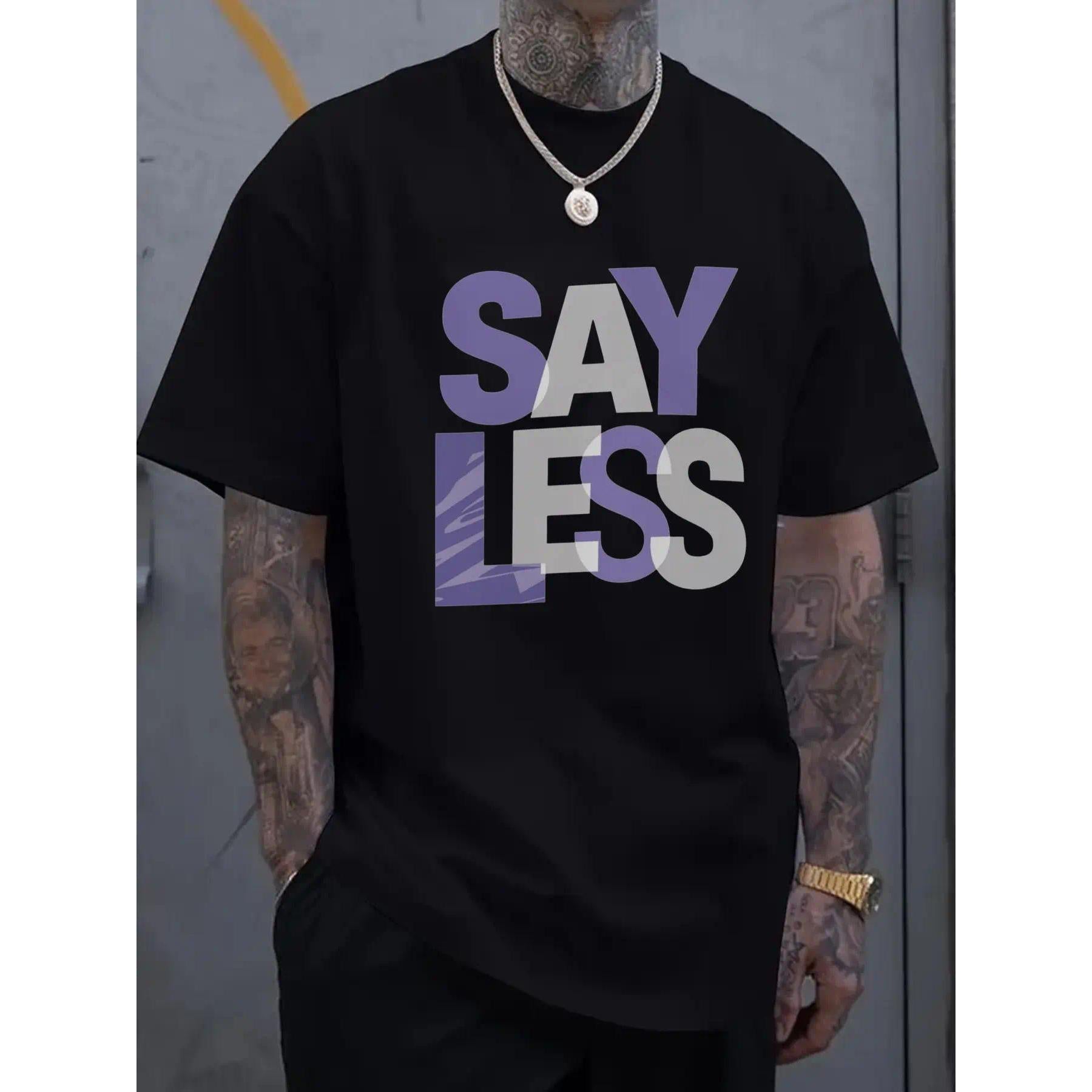 Men's Black T-Shirt, Purple and White SAY LESS Print, Suitable for Casual Wear
