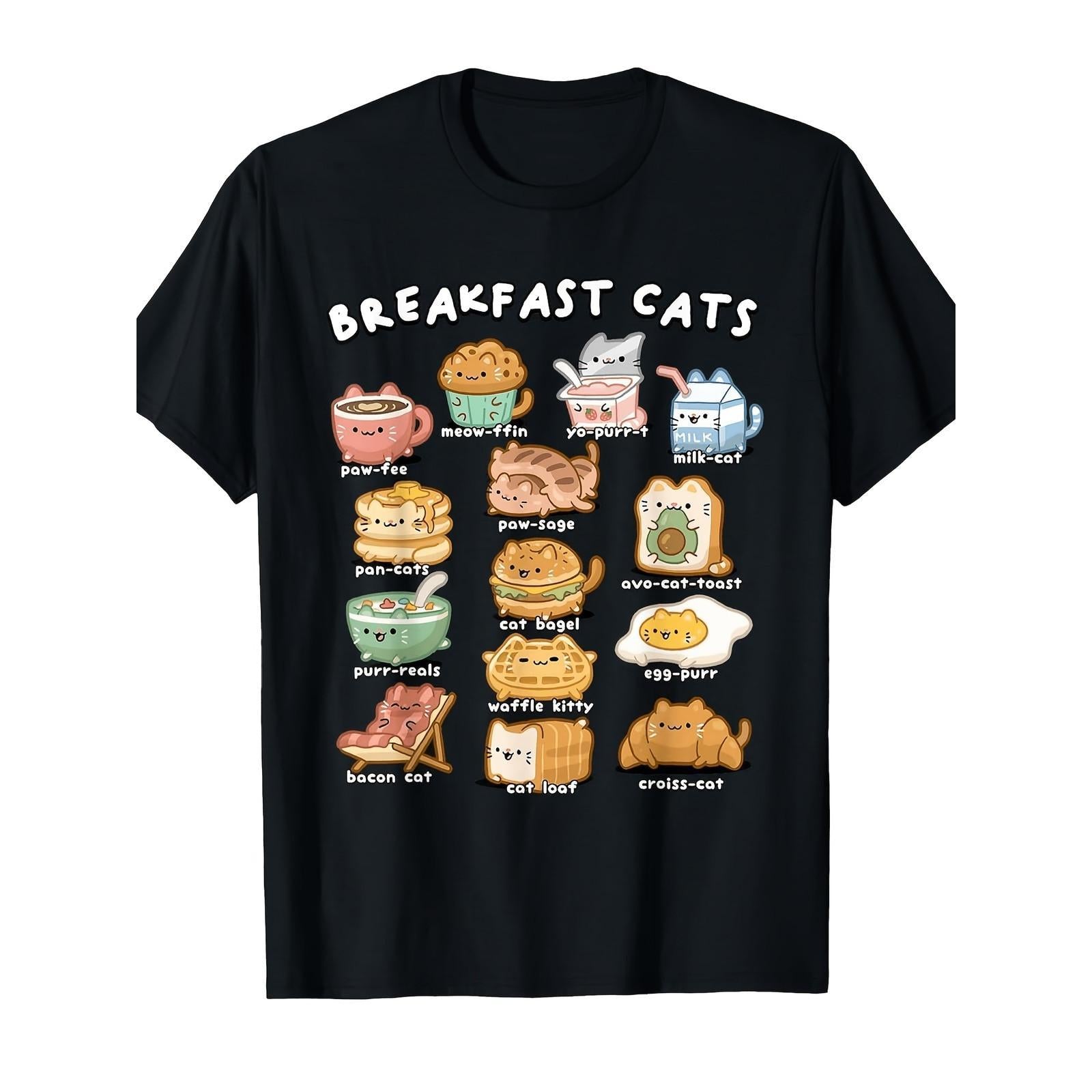 Breakfast Cats Funny Pun Kawaii Cat Food Lover Graphic Tee for Men Women, Cute Meow Ffin Cat Pancake Short Sleeve T-Shirt, Casual Crew Neck Top for Cat Lover Gift