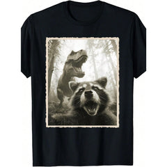 Raccoon Selfie With Dinosaur And Fun Tyrannosaurus Rex T-Shirt Vintage Round Neck