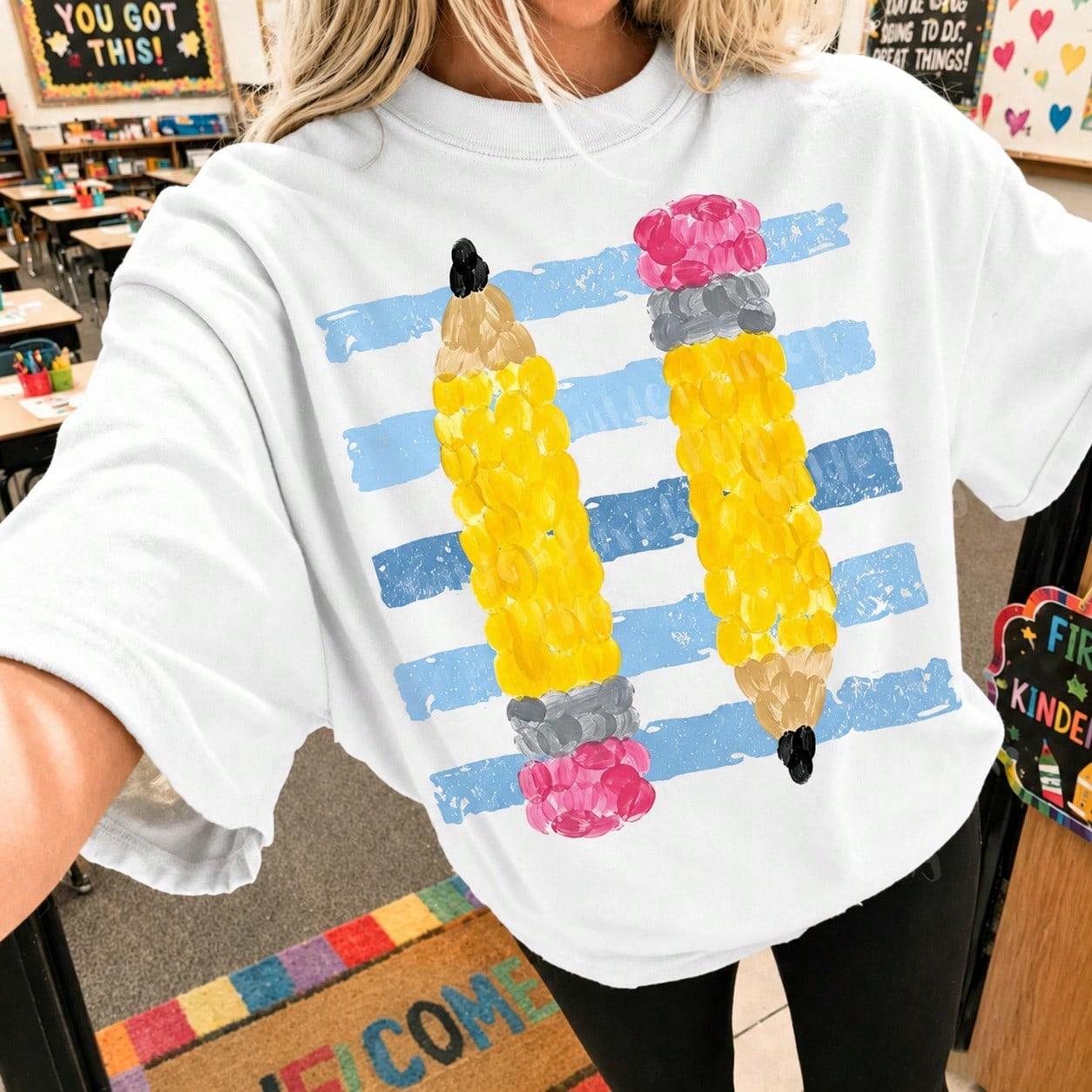 Retro Pencil Graphic Teacher Shirt Cute Alphabet Print Classroom Top Casual Breathable Cotton Tee For Educators Back To School