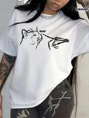 Graphic T-Shirt with a Cat And Skeleton Hand Design, 100%Cotton Women's summer and autumn casual short sleeved T-shirt