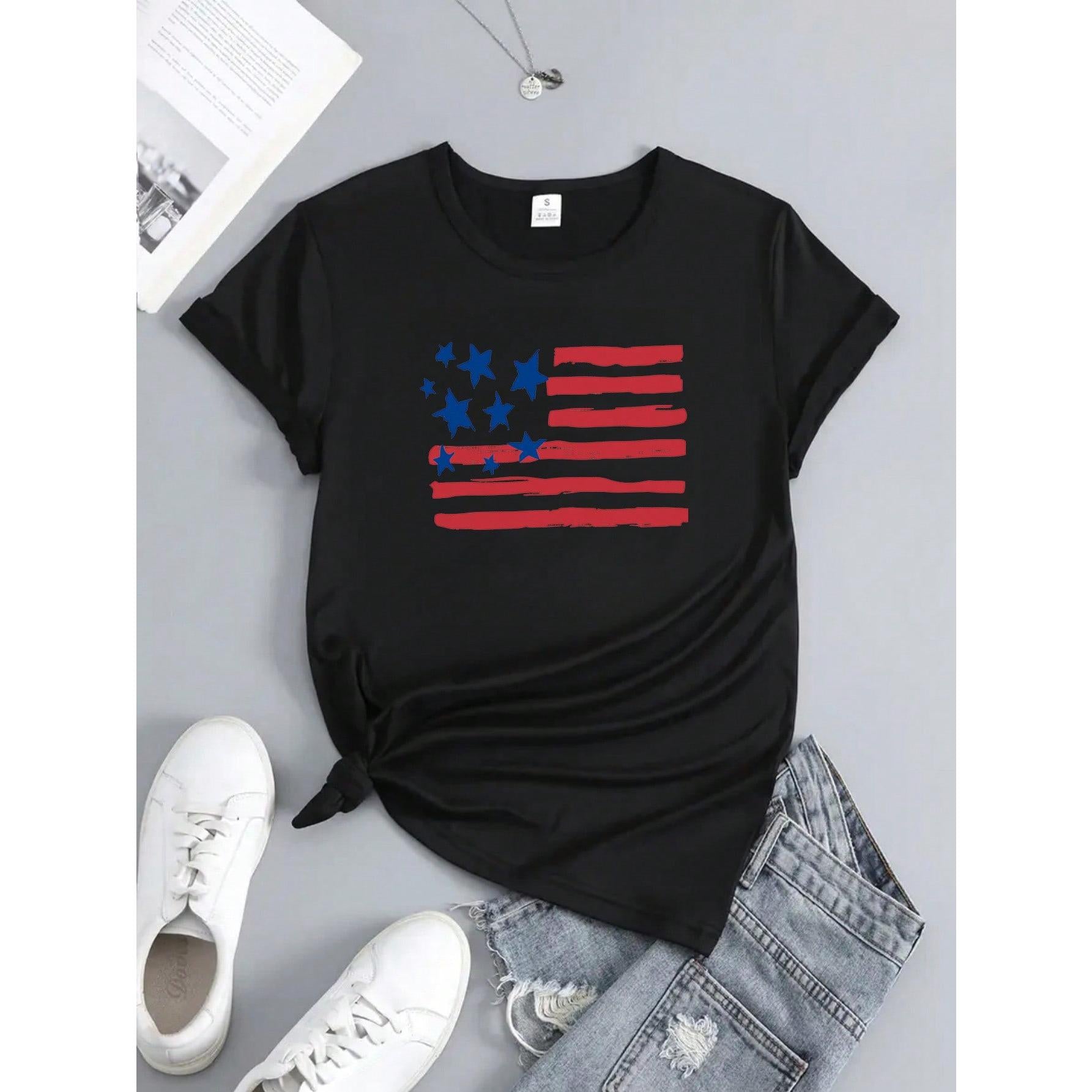 Women's Patriotic American Flag Print T-Shirt - Casual Short Sleeve Round Neck Top All-Season