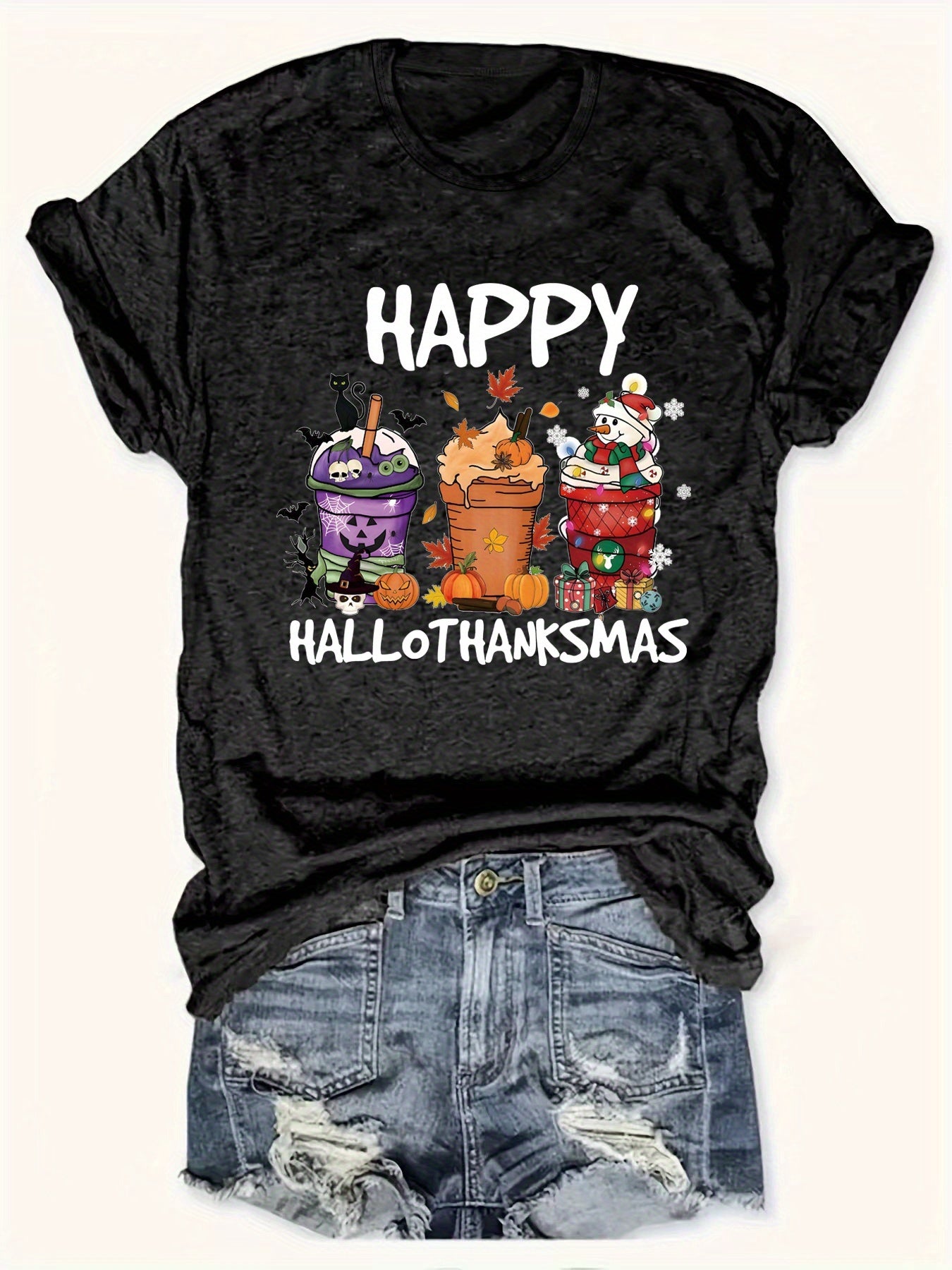 Fashion Plus Size Women's Casual T-Shirt with Halloween, Thanksgiving, and Christmas Prints Tees Tops Holiday gift For Family And Friends