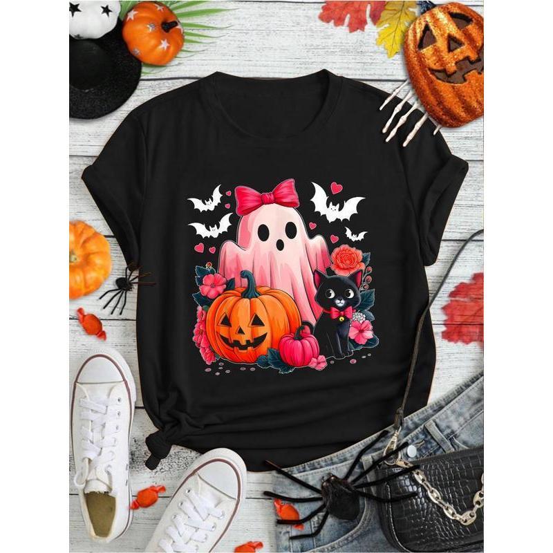 100% Cotton Cute Floral Pink Ghost Pumpkin Black Cat Halloween Costume T-Shirt Print Round Neck Short Sleeve Streetwear