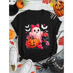 100% Cotton Cute Floral Pink Ghost Pumpkin Black Cat Halloween Costume T-Shirt Print Round Neck Short Sleeve Streetwear
