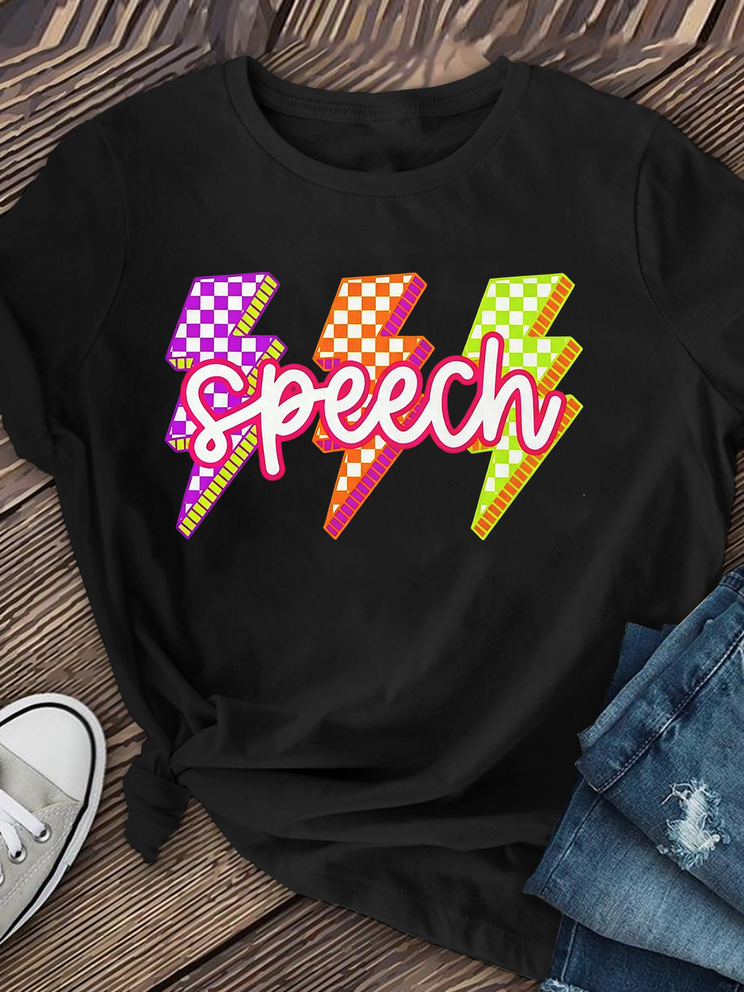 Speech Therapist Graphic T‑Shirt for Women, Retro Checkered Lightning Bolt Casual Short Sleeve SLP Gift Tee