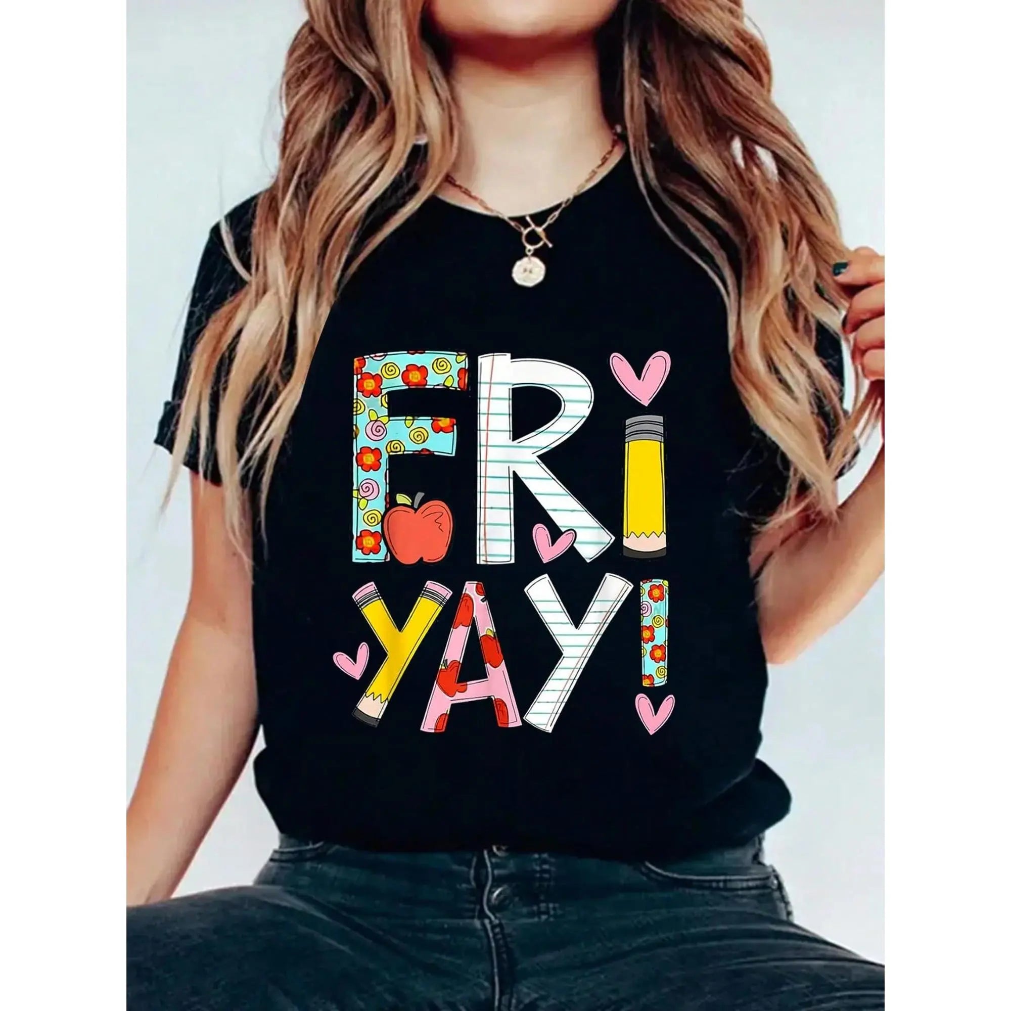 Fri-Yay! Women's Fun Friday Teacher T-Shirt – Colorful Letter Print with Floral & Elements, Summer 100%Cotton T-shirt  Teacher Gift