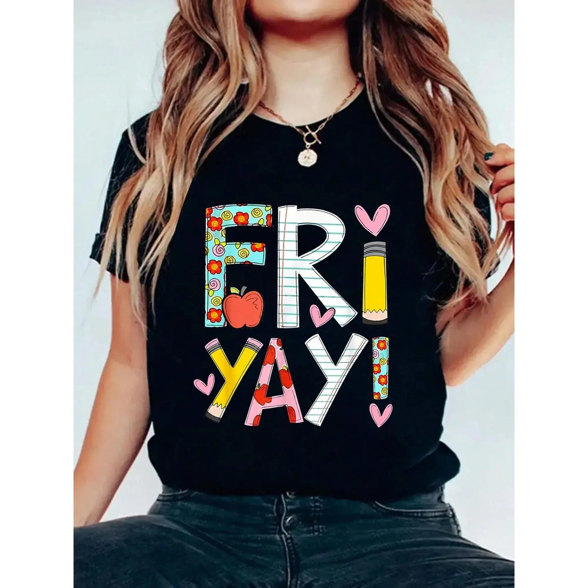 Fri-Yay! Women's Fun Friday Teacher T-Shirt – Colorful Letter Print with Floral & Elements, Summer 100%Cotton T-shirt  Teacher Gift